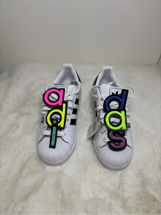 adidas Shoes - adidas White Superstar Sneakers with Neon Letter Charms